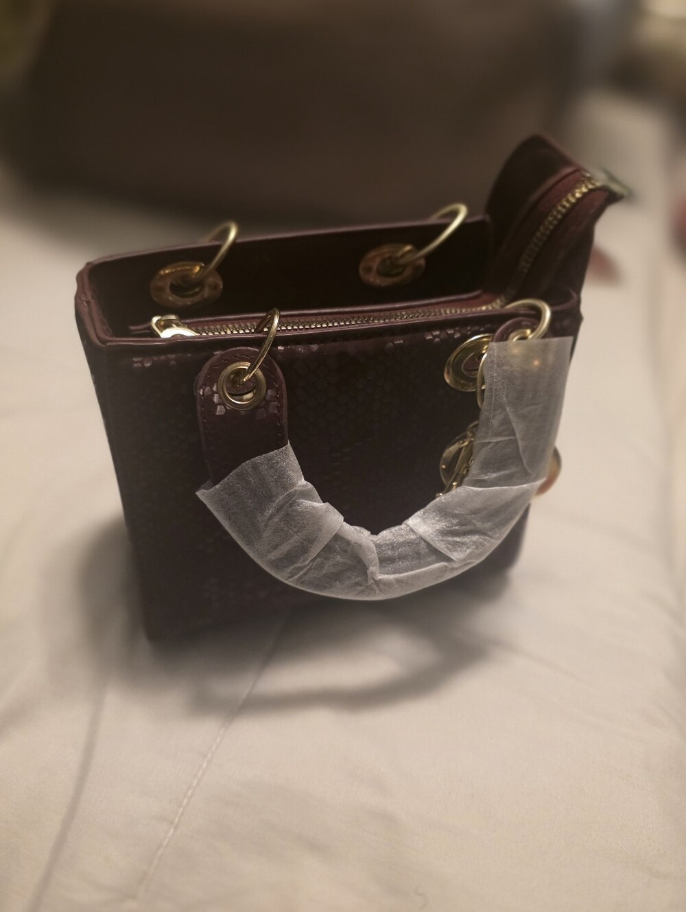 Burgundy Mini Top-Handle Bag with Gold Hardware